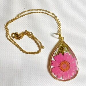 Hand Crafted Resin Gold and Pink Floral Pendant Necklace
